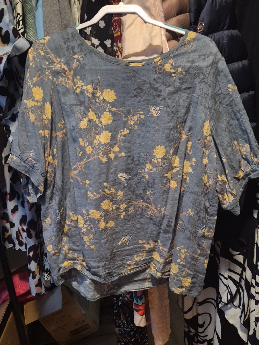 SHEIN Sage Green Floral Short Sleeve Linen-Blend Top